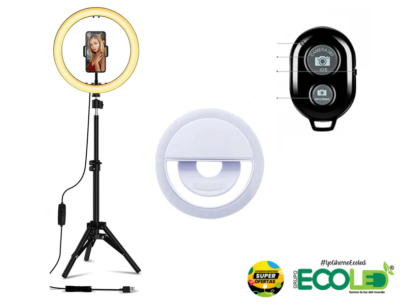 Trípode 2mtrs, aro de luz, control bluetooth, mini selfie redondo