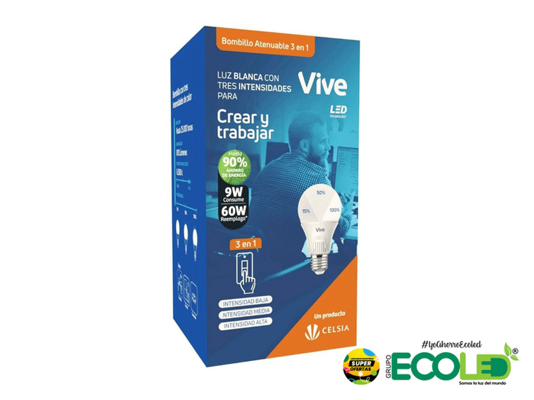 Bombillo LED Vive 9W Atenuable 3 en 1 Empaque Clásico Dimmer Blanco