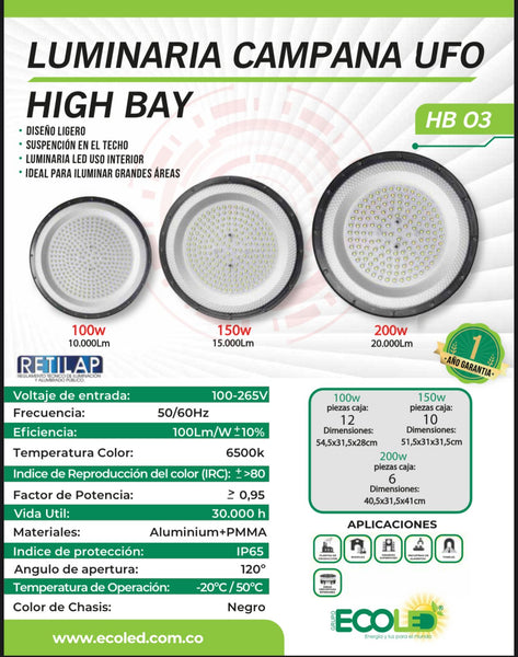 Luminaria high bay LED 100W - 150W - 200W 6400K