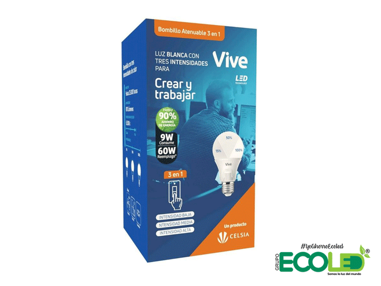 Empaque bombillo atenuable vista 3/4 fondo transparente