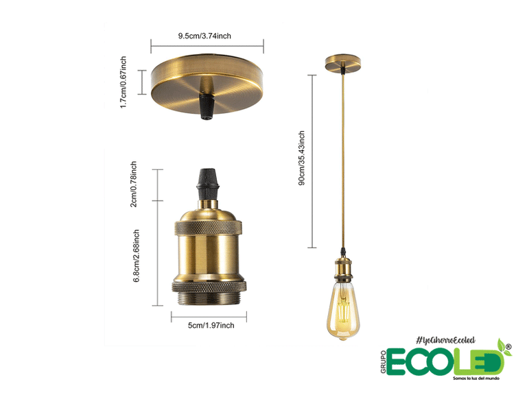 Portalámparas vintage con cable dorado trenzado