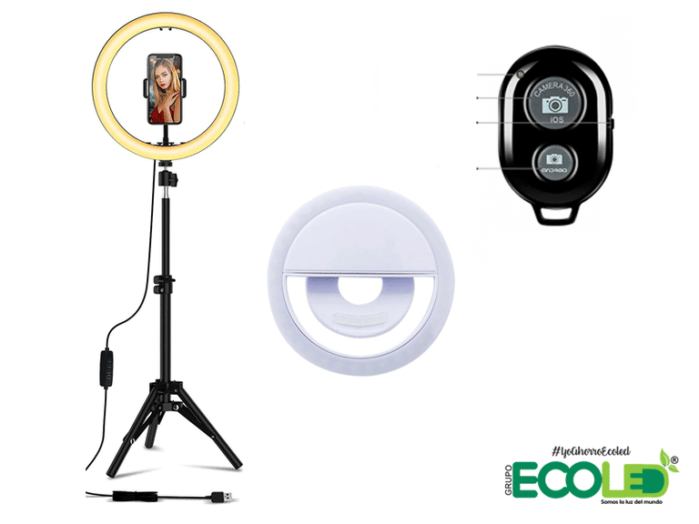 Combo fashionista: Trípode 2mtrs, aro de 26,control bluetooth, mini selfie redondo.